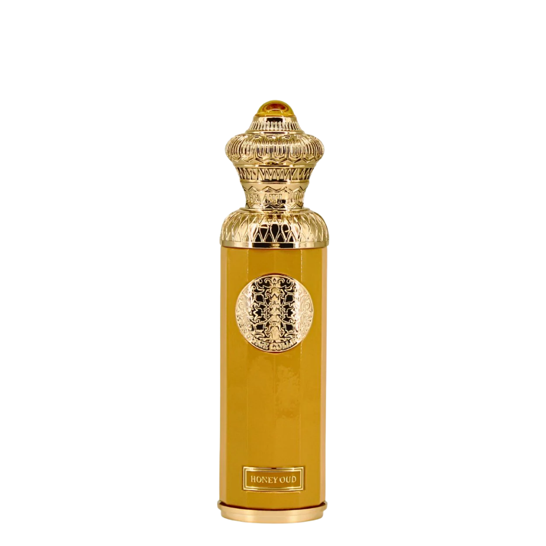 Gold perfume bottle with intricate design on a white background. Surrati Honey Oud Unisex Perfume
