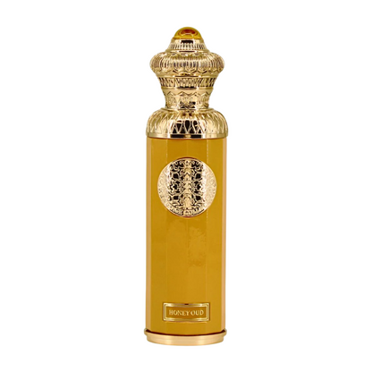 Gold perfume bottle with intricate design on a white background. Surrati Honey Oud Unisex Perfume