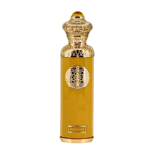 Gold perfume bottle with intricate design on a white background. Surrati Honey Oud Unisex Perfume