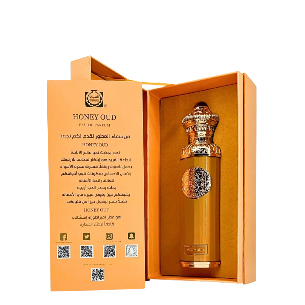 Honey Oud perfume bottle in an open orange box on a white background. Surrati Honey Oud Unisex Perfume