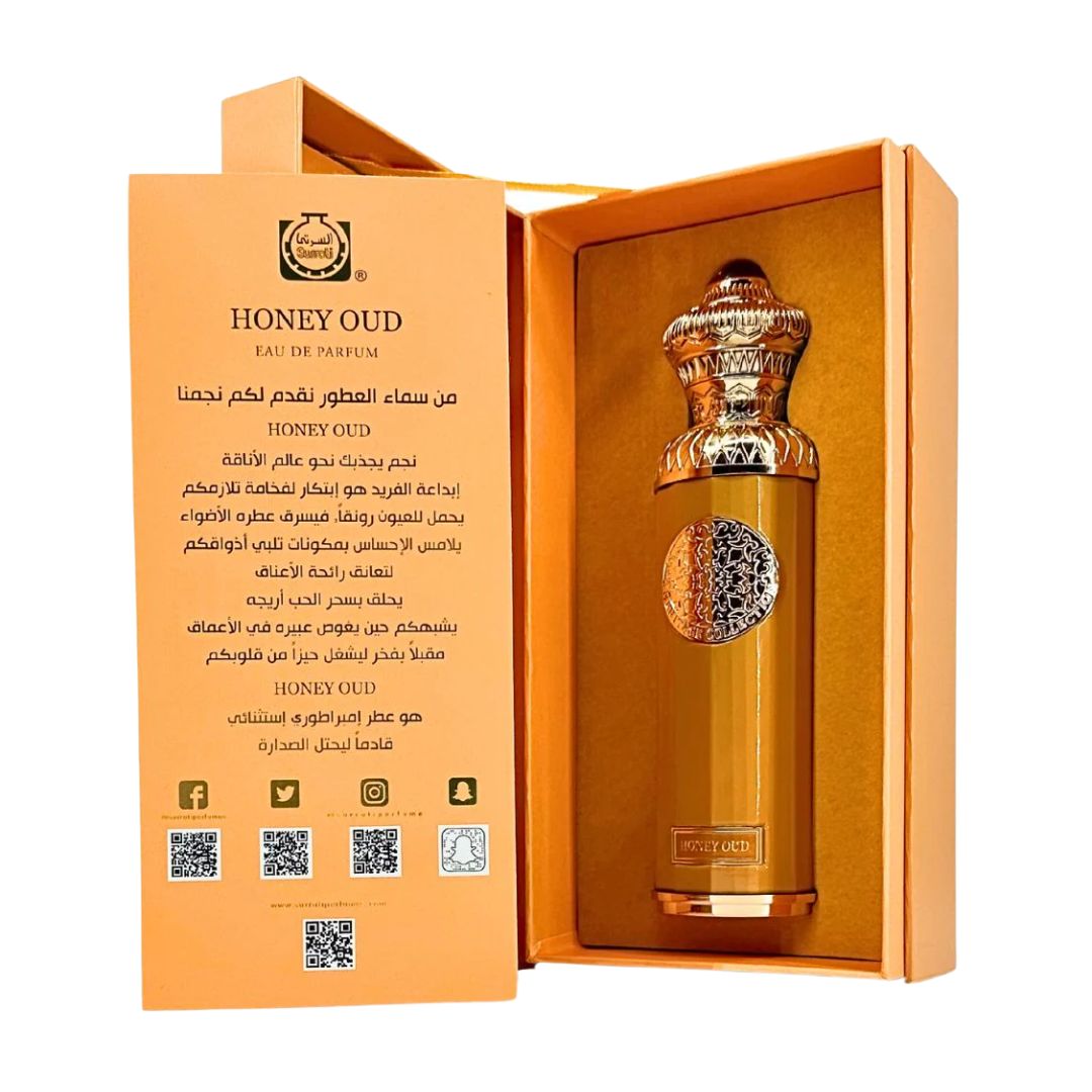 Honey Oud perfume bottle in an open orange box on a white background. Surrati Honey Oud Unisex Perfume