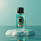 Surrati Imperial perfume bottle on a stone pillar above water.