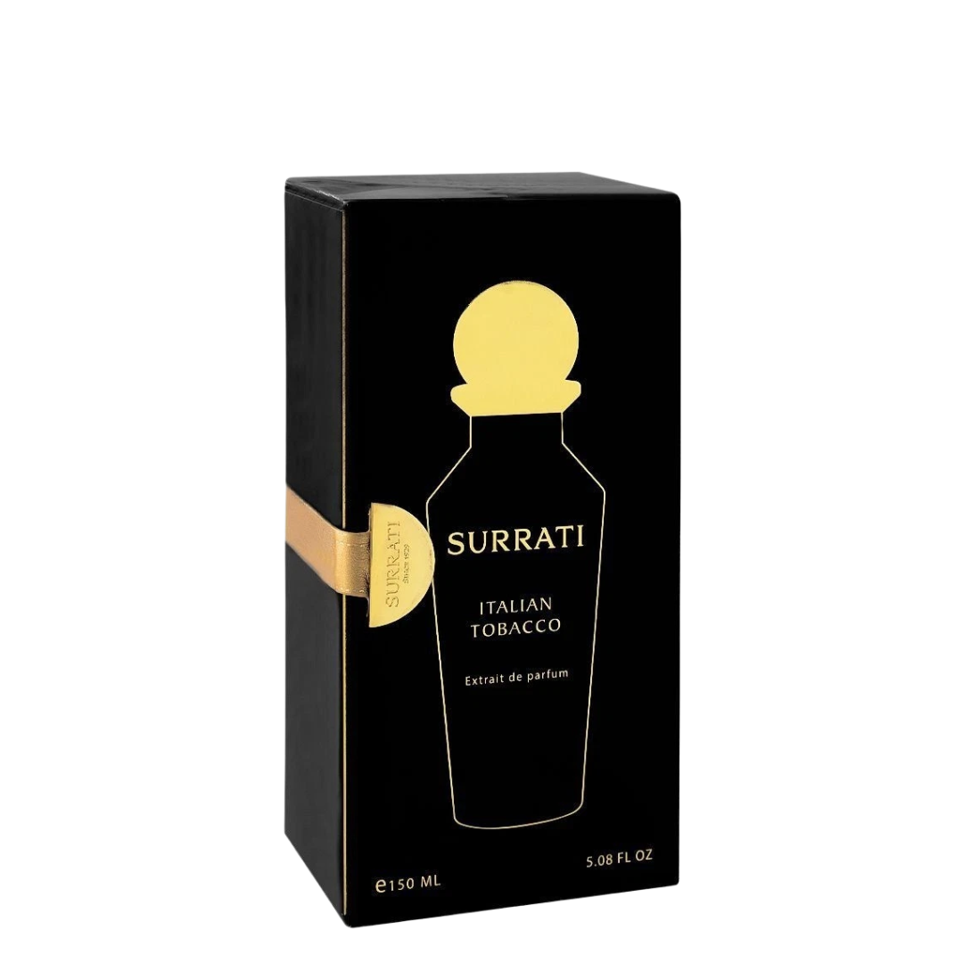 Black box packaging of Surrati Italian Tobacco perfume with gold accents.