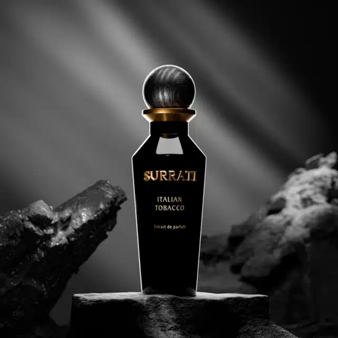 Surrati Italian Tobacco perfume bottle on a dark background