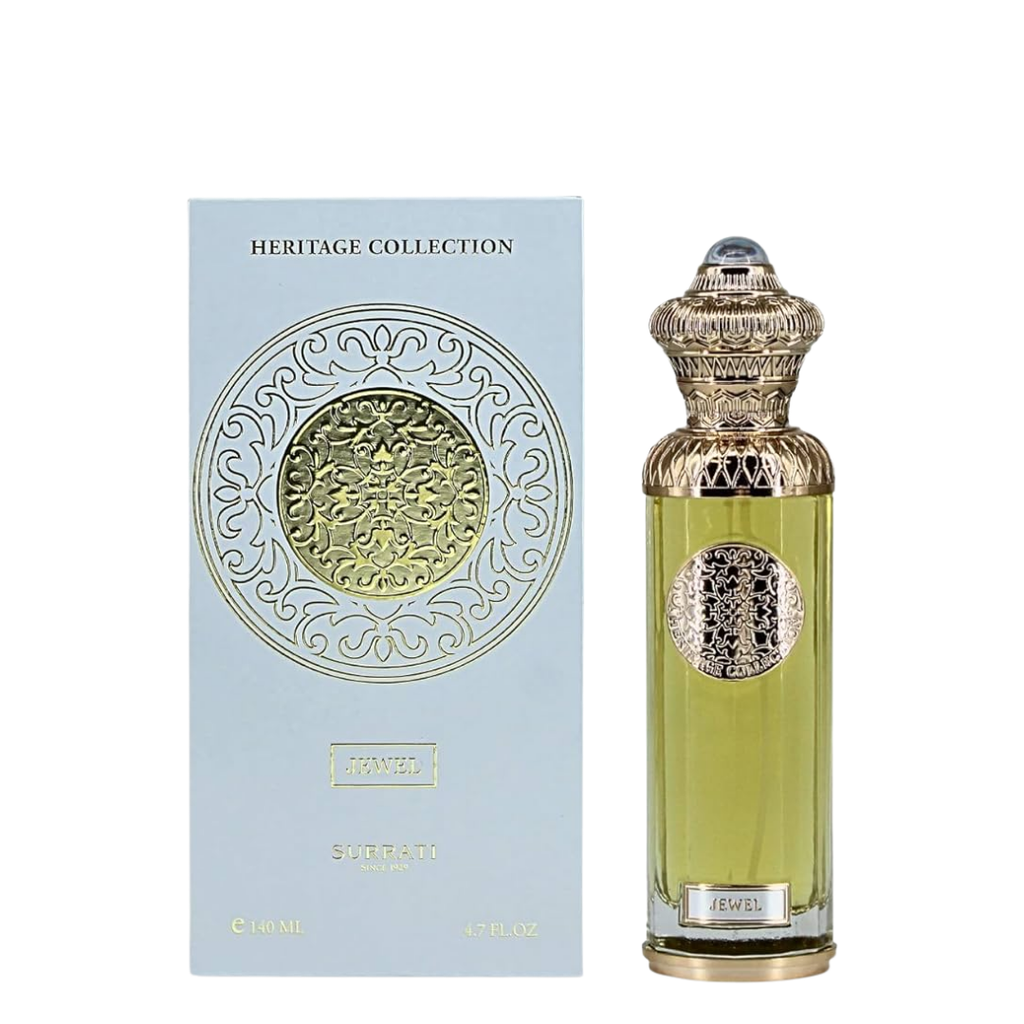 Perfume bottle with decorative cap and 'Heritage Collection' packaging on a white background. Surrati Jewel Unisex Perfume