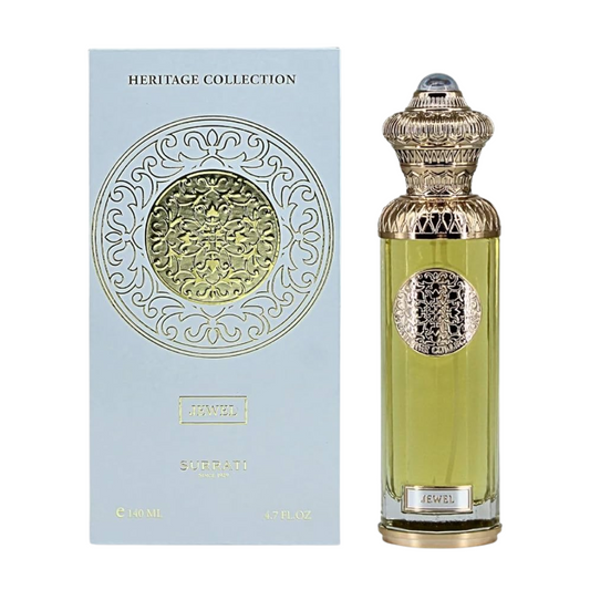 Perfume bottle with decorative cap and 'Heritage Collection' packaging on a white background. Surrati Jewel Unisex Perfume
