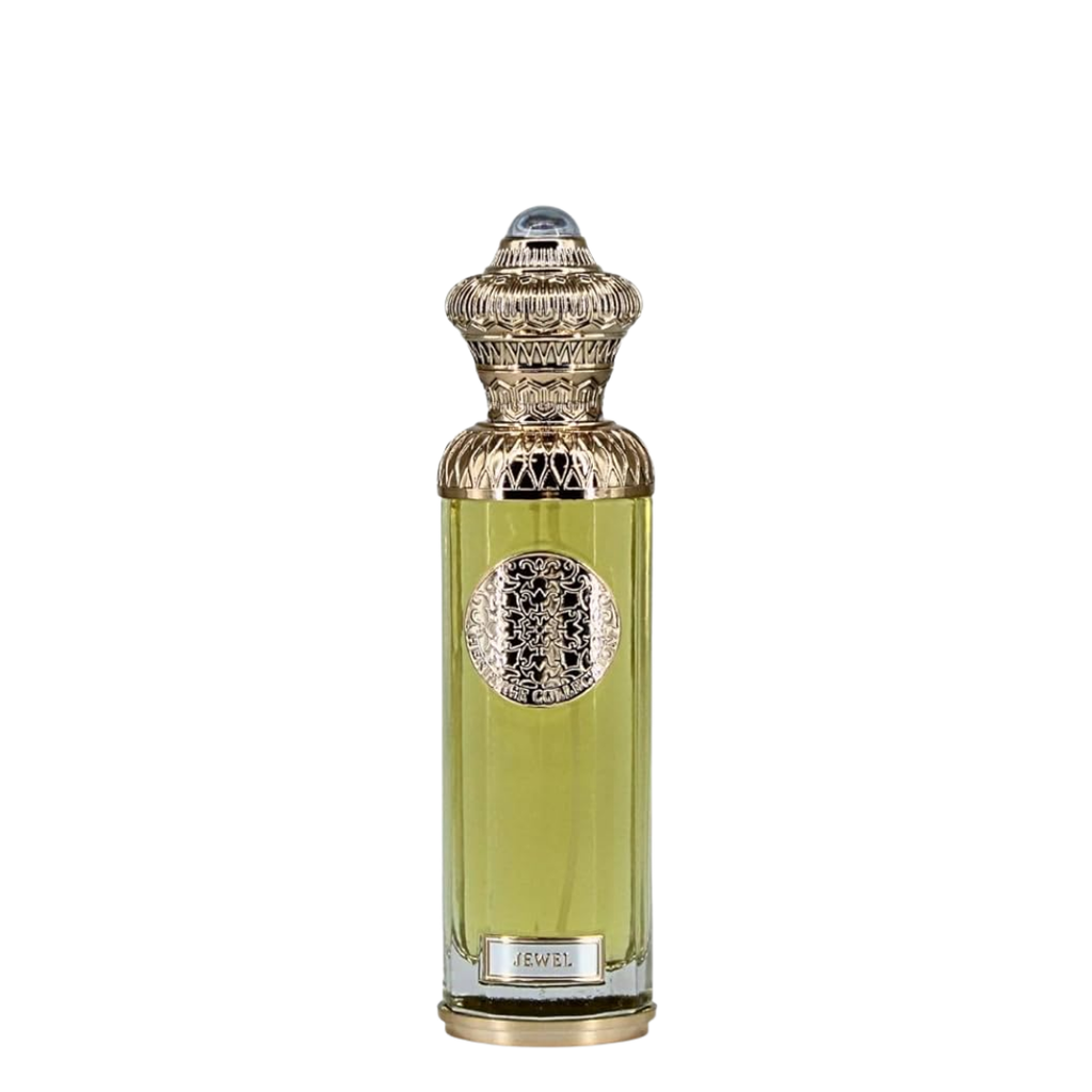 Decorative perfume bottle with gold cap and intricate design on a white background. Surrati Jewel Unisex Perfume