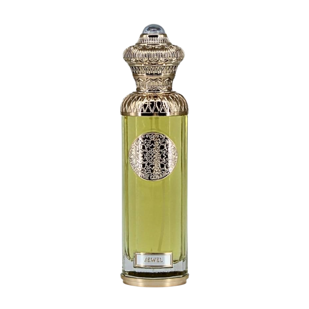 Decorative perfume bottle with gold cap and intricate design on a white background. Surrati Jewel Unisex Perfume