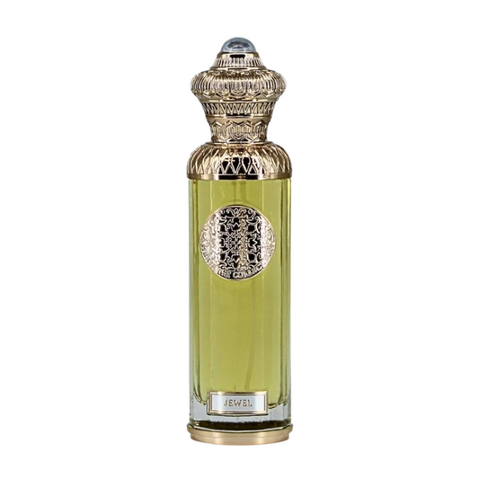 Decorative perfume bottle with gold cap and intricate design on a white background. Surrati Jewel Unisex Perfume