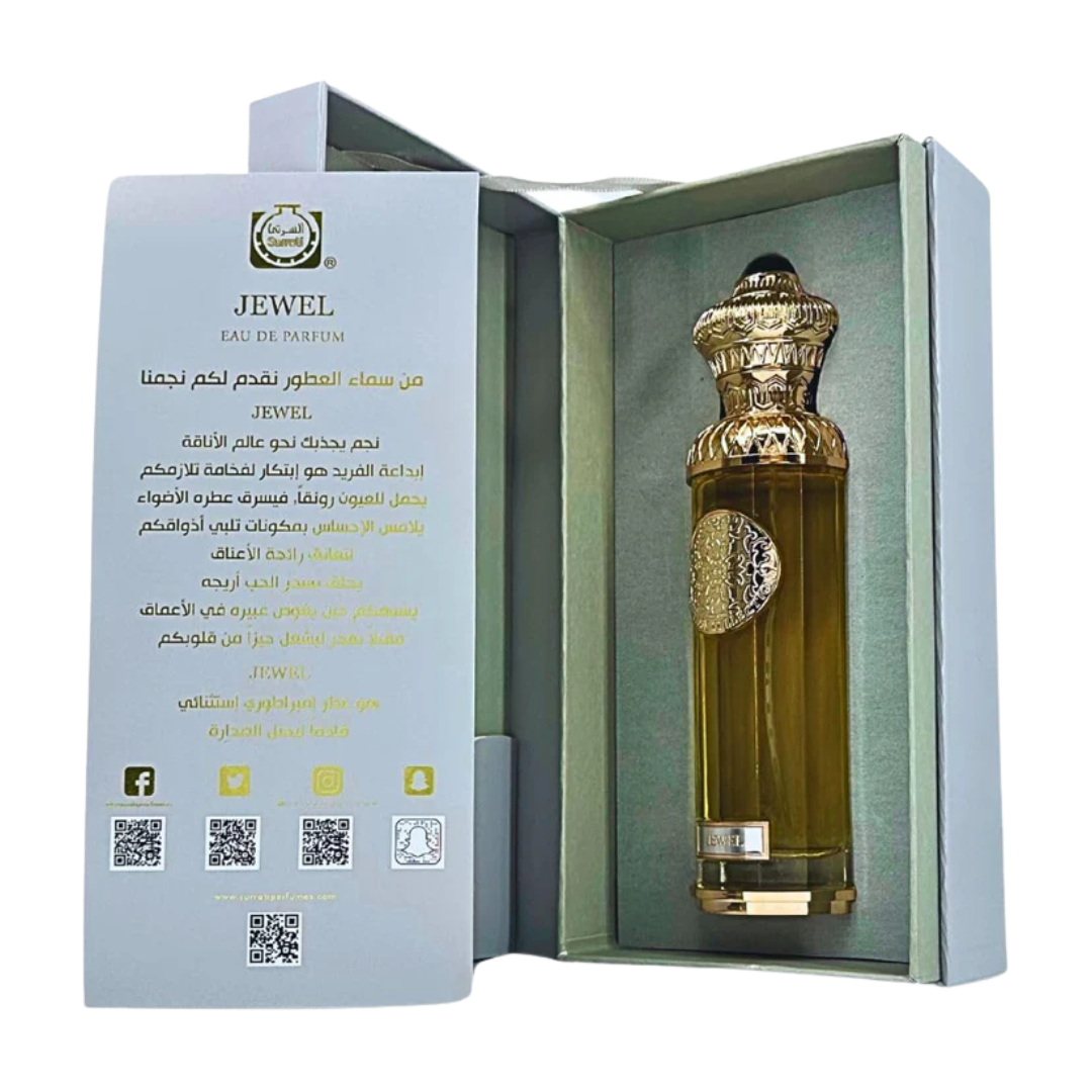 Perfume bottle with decorative cap in a 'Jewel' box on a white background. Surrati Jewel Unisex Perfume