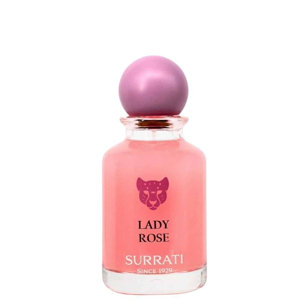 Surrati Lady Rose perfume bottle with pink cap on a white background