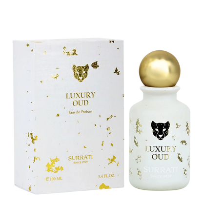 Luxury Oud perfume bottle and packaging with gold accents on a white background