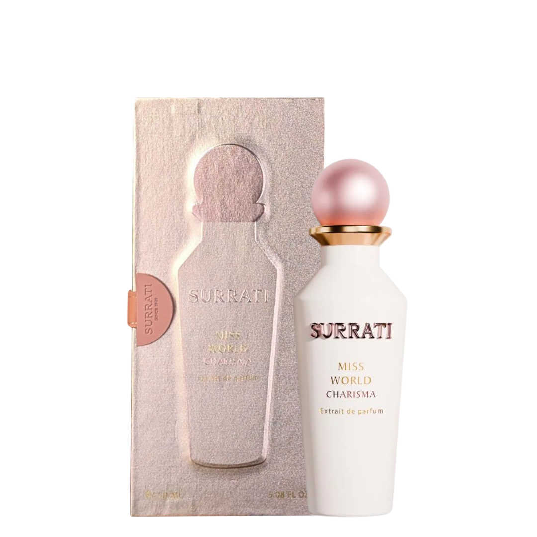 Surrati Miss World Charisma perfume bottle with packaging on a white background