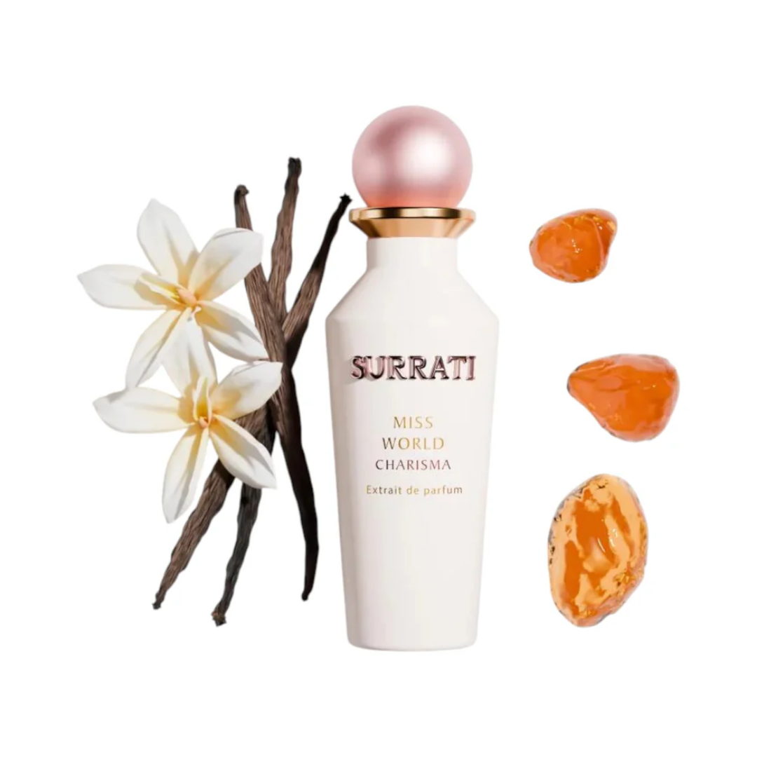 Surrati perfume bottle with vanilla beans, flowers, and fruits on a white background