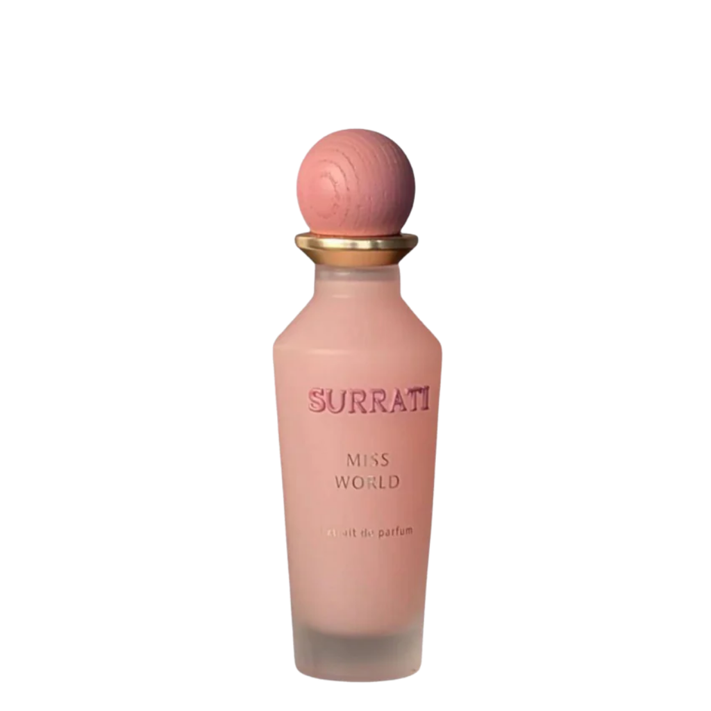 Pink Surrati Miss World perfume bottle on a white background