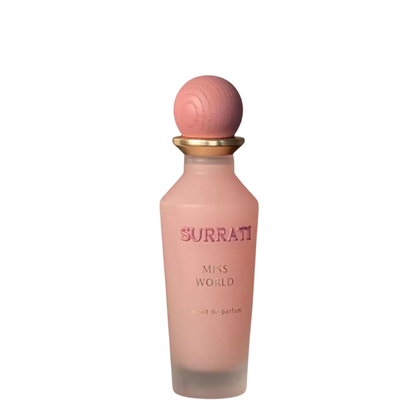 Pink Surrati Miss World perfume bottle on a white background