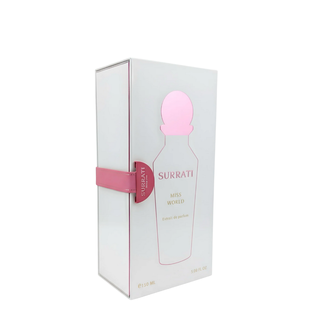 Surrati Miss World perfume packaging on a white background