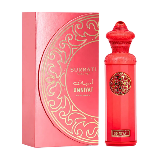 Red perfume bottle and packaging with 'Surrati' branding on a white background. Surrati Omniyat Unisex Perfume