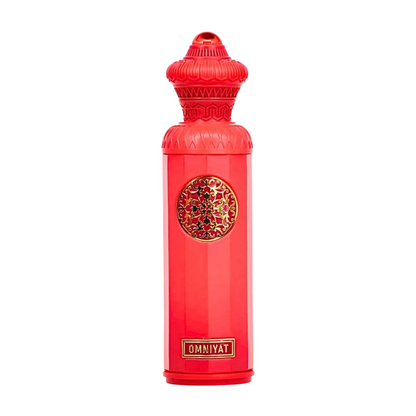 Red bottle with intricate design and 'OMNIYAT' branding on a white background. Surrati Omniyat Unisex Perfume