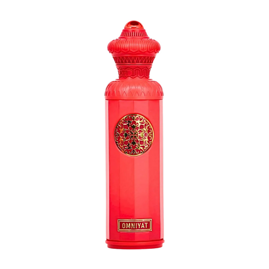 Red bottle with intricate design and 'OMNIYAT' branding on a white background. Surrati Omniyat Unisex Perfume