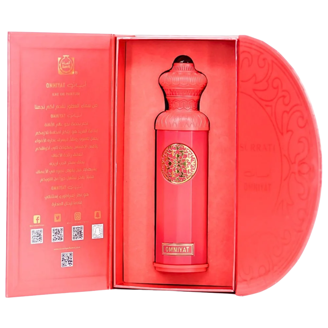 Red bottle with gold accents in a decorative box on a white background. Surrati Omniyat Unisex Perfume