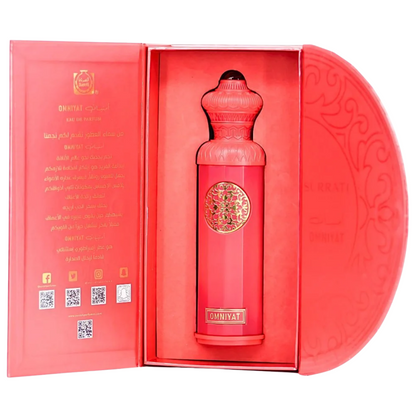 Red bottle with gold accents in a decorative box on a white background. Surrati Omniyat Unisex Perfume