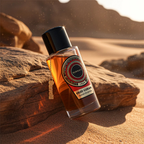 Surrati Oud Cuban perfume bottle angled among desert rocks.