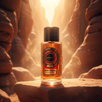 Surrati Oud Cuban perfume bottle on a wooden pedestal in a desert sunset setting.