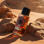 Surrati Oud Cuban perfume bottle angled on dusty rocks.