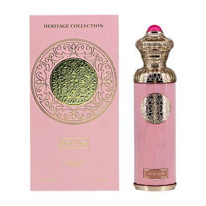 Pink perfume bottle with gold cap and intricate design next to its packaging on a white background. Surrati Pink Miss Womens Perfume
