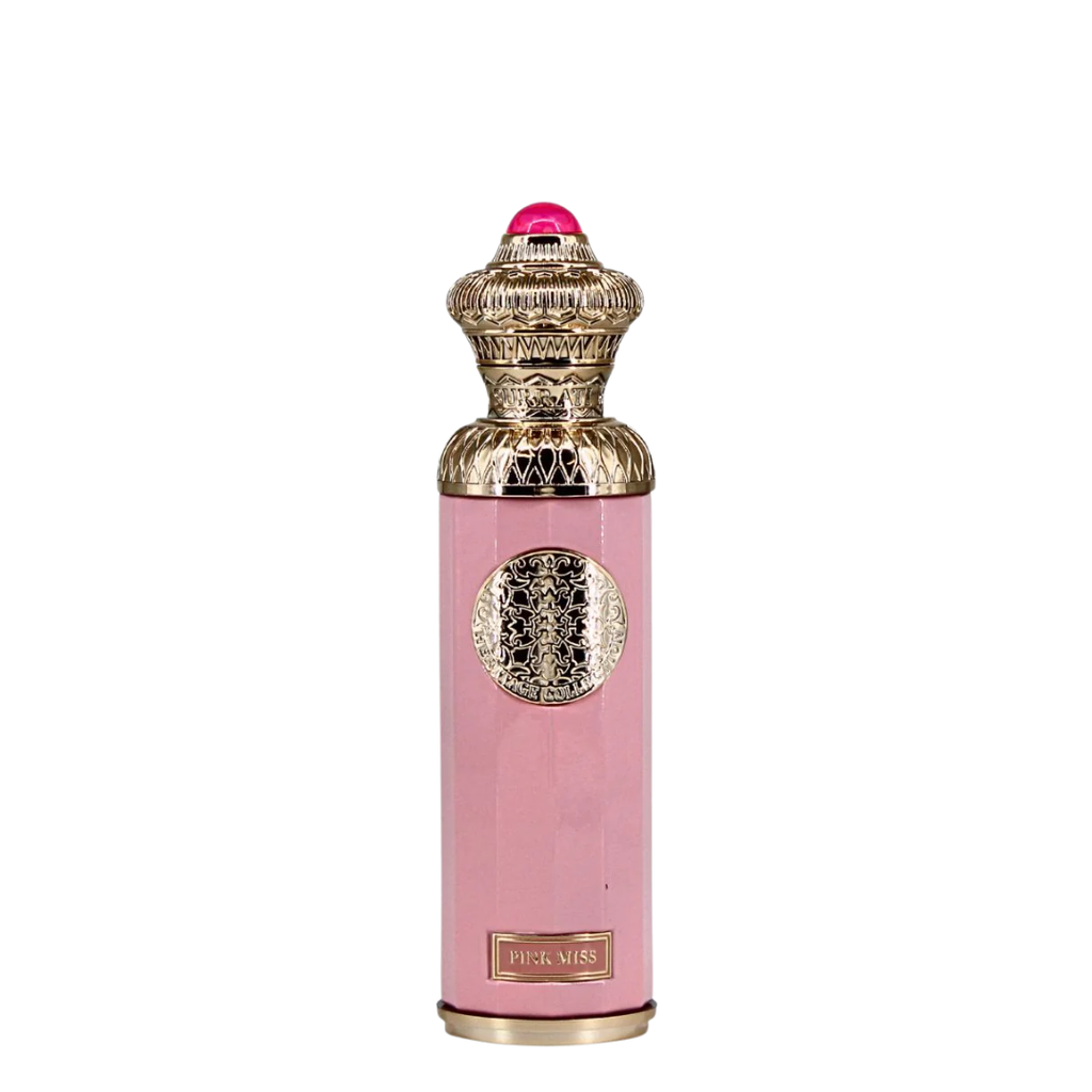 Pink perfume bottle with gold cap and decorative emblem on a white background. Surrati Pink Miss Womens Perfume