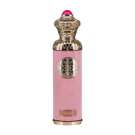 Pink perfume bottle with gold cap and decorative emblem on a white background. Surrati Pink Miss Womens Perfume