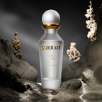 Surrati Pur Musk perfume bottle beside driftwood and white flowers.