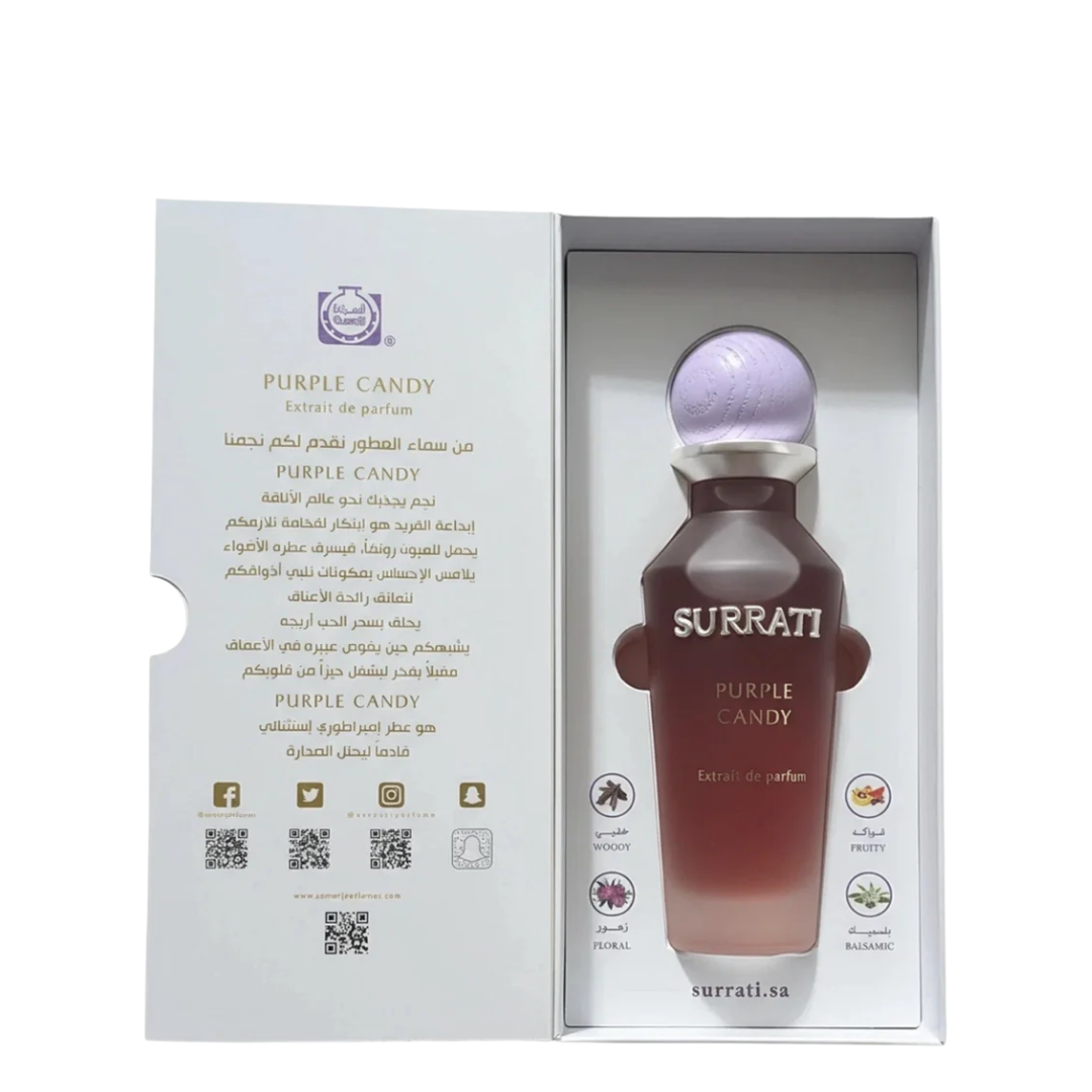 Surrati Purple Candy perfume bottle with packaging on a white background