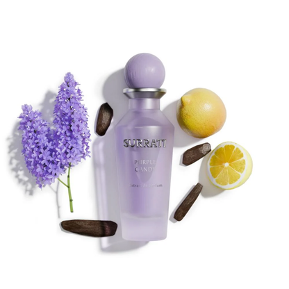 Purple Surrati perfume bottle with lavender, lemon, and wooden elements on a white background
