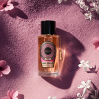 Surrati Rose Vanilla perfume bottle on stone beside flowers against a pink background.