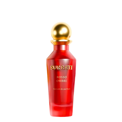 Red Surrati Rosso Ombre perfume bottle with gold cap on a white background