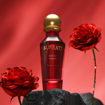 Surrati Rosso Ombre perfume bottle with red roses on a red background