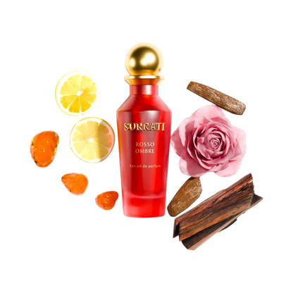 Red perfume bottle with gold cap surrounded by lemon slices, a pink rose, and cinnamon sticks on a white background