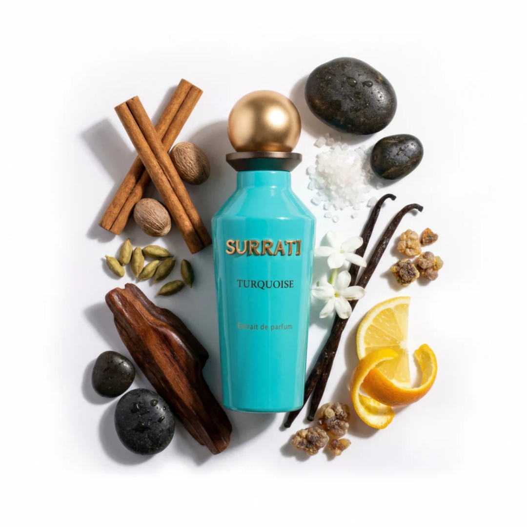 Surrati Turquoise perfume bottle with decorative spice and flower props.