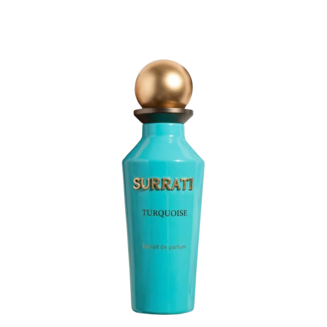 Surrati Turquoise perfume bottle, front view.