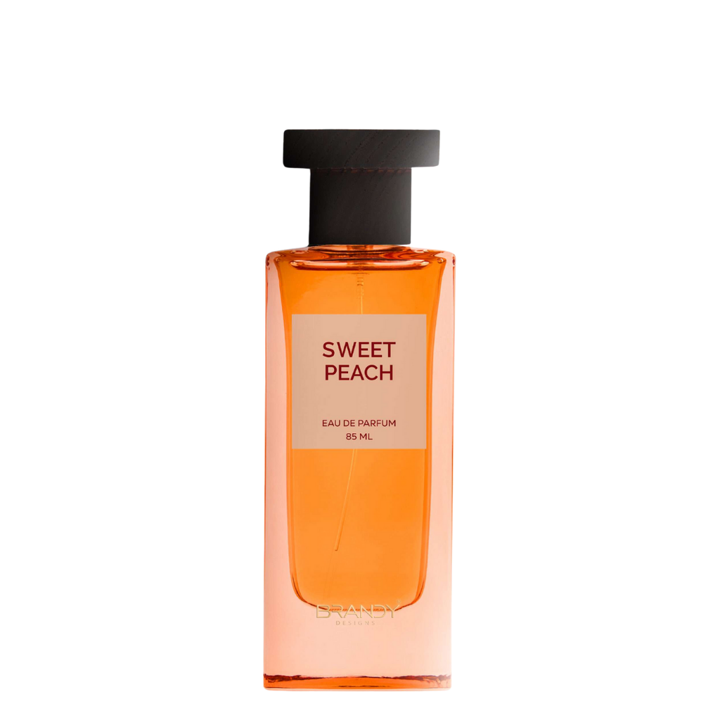 Sweet Peach Eau de Parfum 85ml bottle by Brandy Designs, featuring a peach-colored glass bottle with minimalist label and black cap. 
