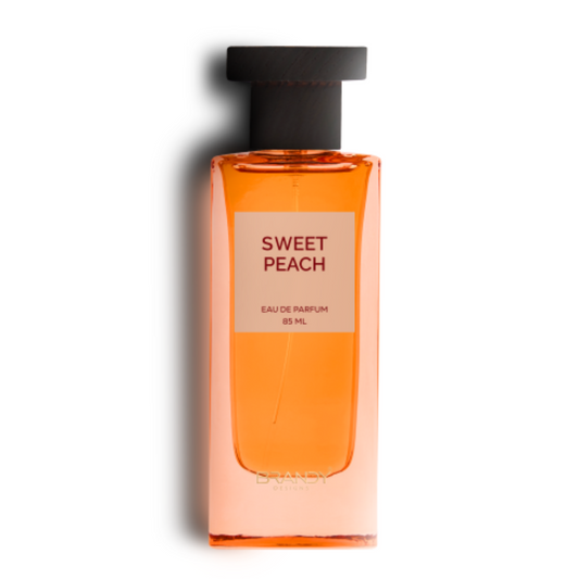 Sweet Peach Eau de Parfum 85ml bottle by Brandy Designs, featuring a peach-colored glass bottle with minimalist label and black cap. Clone / dupe of / inspired by Tom Ford - Bitter Peach.