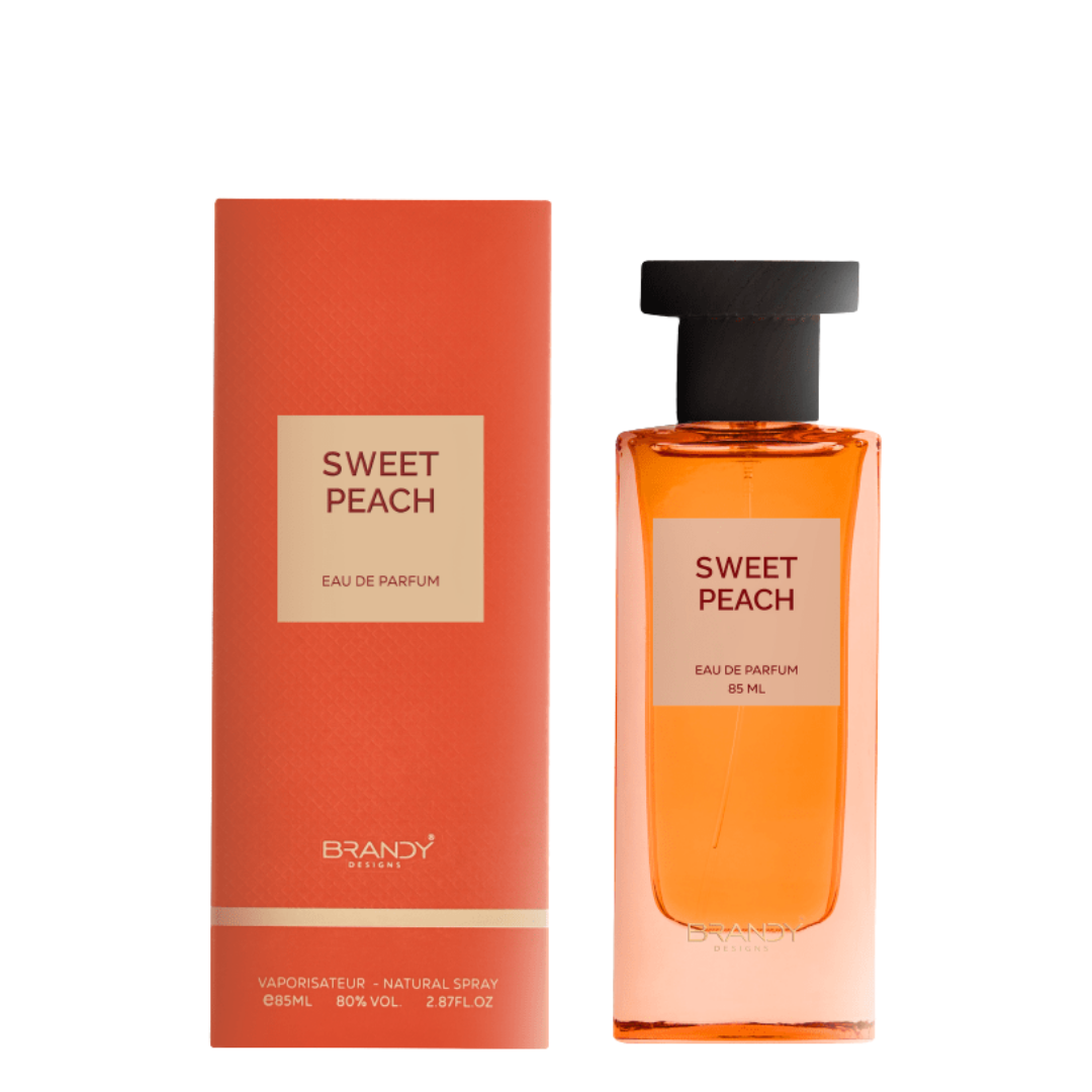 Sweet Peach Eau de Parfum 85ml bottle and box set by Brandy Designs, fruity and floral fragrance in bright peach tones. 