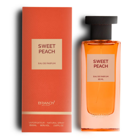 Sweet Peach Eau de Parfum 85ml bottle and box set by Brandy Designs, fruity and floral fragrance in bright peach tones. Clone / dupe of / inspired by Tom Ford - Bitter Peach.