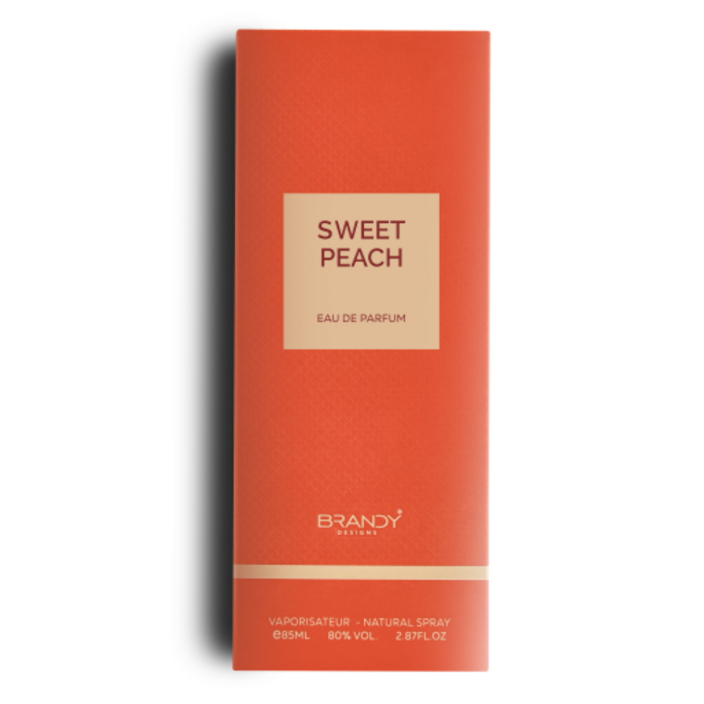 Sweet Peach perfume packaging by Brandy Designs, 85ml EDP in vibrant orange box with gold-accented minimalist design. 
