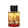 A glass bottle of Thara Al Oud Supreme Intense perfume with a gold and red label, and a black cap.