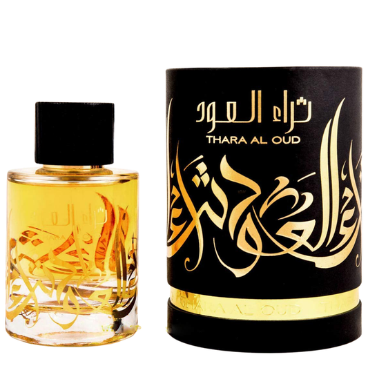 Perfume bottle and packaging with gold and black design on a white background. Thara Al Oud by Ard Al Zaafaran Unisex Perfume