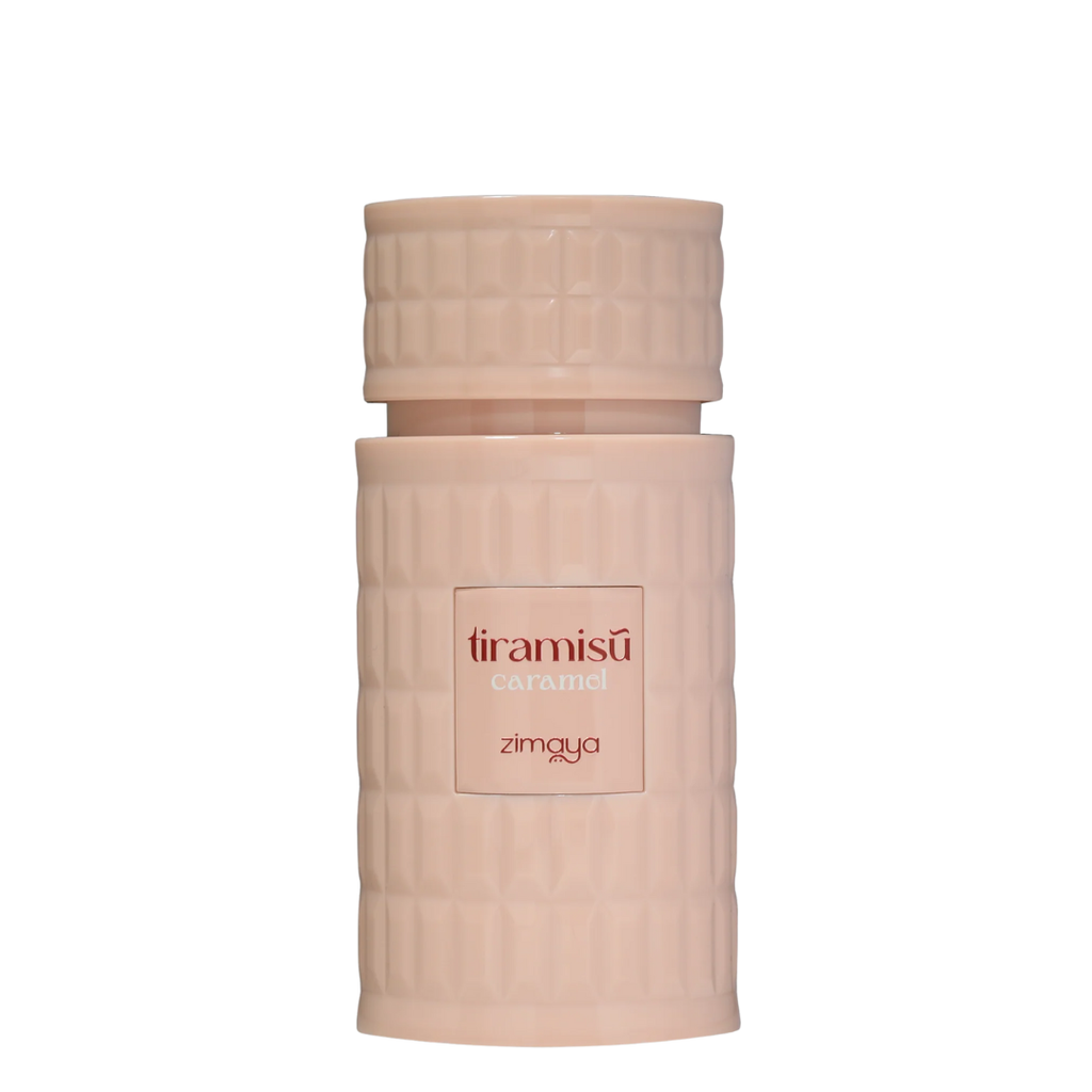 Perfume bottle labeled 'tiramisu caramel' by zimaya on a white background