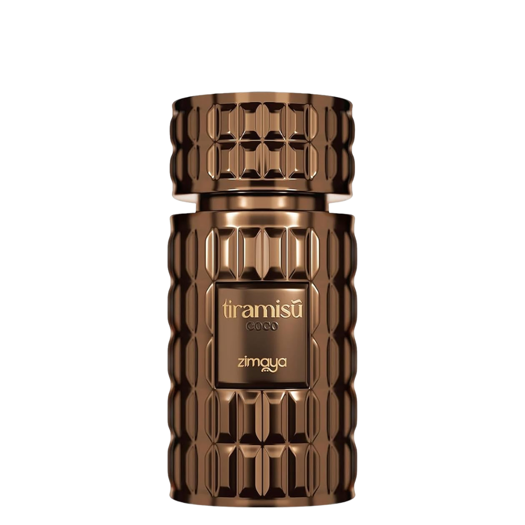 Bronze textured bottle of Zimaya Tiramisu on a white background